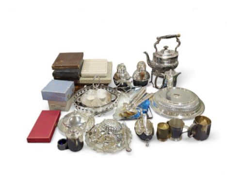 Victorian silver plated spirit kettle on stand, and a collection of other silver plates wares including cased flatware 