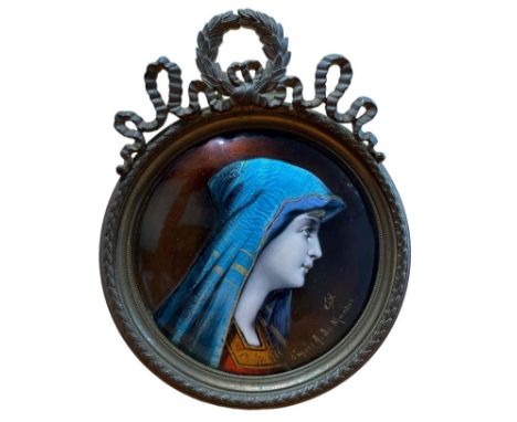 A 19th century French portrait miniature of a female in a turquoise headdress, possibly depicting the Virgin Mary, enamel on 