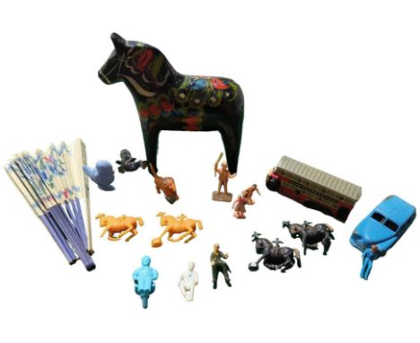 A Brimtoy Pocket toy bus; Dinky Vanguard together with some plastic figures etc