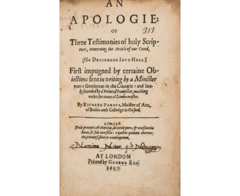 Harrowing of Hell.- Parkes (Richard) An apologie: of three testimonies of holy Scripture, concerning the article of our Creed