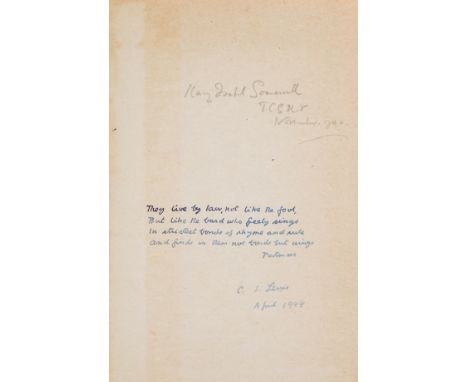 Lewis (C.S.) The Problem of Pain, reprint, signed by the author and dated April 1944 on endpaper with 4-line quotation from C