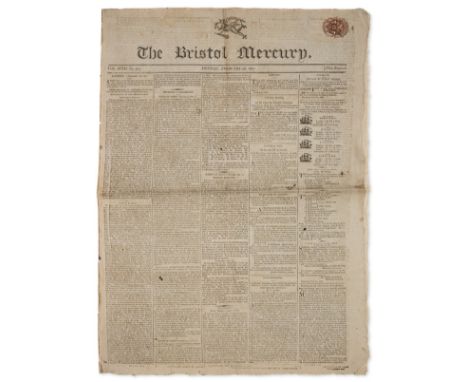 Abolition of slavery.- The Bristol Mercury, 7 consecutive issues, woodcut illustrations, red tax stamp to upper margin of fro