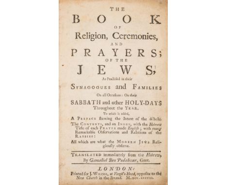 Judaica.- [Mears (Abraham)] The Book of Religion, Ceremonies, and Prayers of the Jews, as Practised in their Synagogues and F