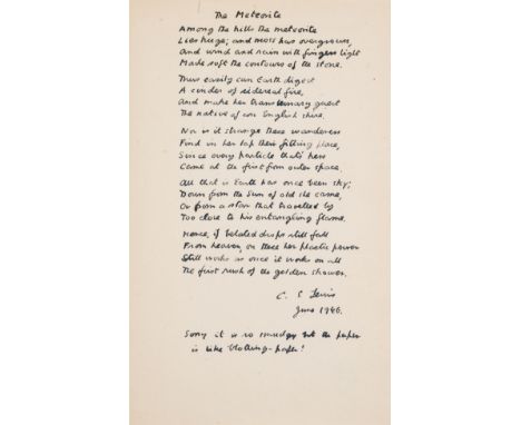 Lewis (C.S.) The Great Divorce, first edition, signed presentation inscription from the author dated June 1946 with 5-stanza 