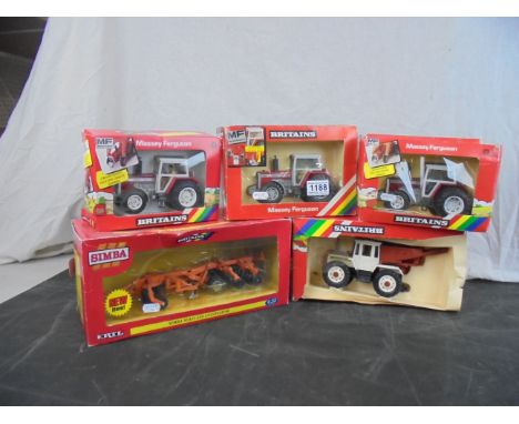 Five boxed Britains 1/32 farming models to include 40996 Simba Solo 330 Cultivator, 9517 Massey Ferguson Tractor, 9520 Massey