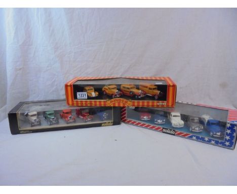 Three boxed French 1/43 diecast model sets to include Solido Age d'or Citroen C4 &amp; USA and Verem Pinder, diecast models e
