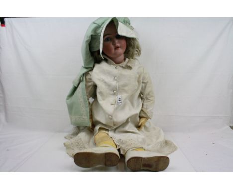 Large early 20th C Simon &amp; Halbig K&amp;R bisque headed doll, sleeping glass eyes, good teeth, composition body with good