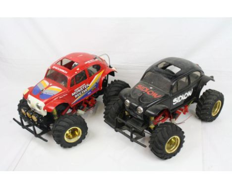 Two vintage Tamiya electric Hump Back 1/10 scale Monster Beetle radio control cars on Blackfoot Chassis, Model No.58060.