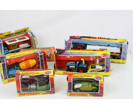 Seven Matchbox diecast models to include 3 x King Size (K6 GMC Cement Mixer, K16 Ford LTS Articulated Tanker, K3 MOD Tractor 