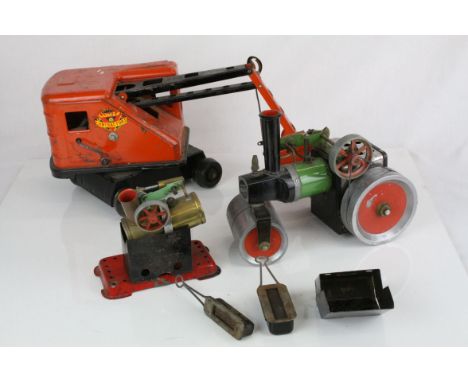 Mamod Steam Roller engine plus accessories and a tin plate Marx Lumar Contractor crane