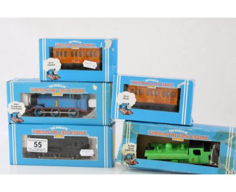 Three boxed Hornby Thomas The Tank Engine locomotives to include R351 Thomas, R317 Diesel &amp; R382 Duck (damaged box and lo