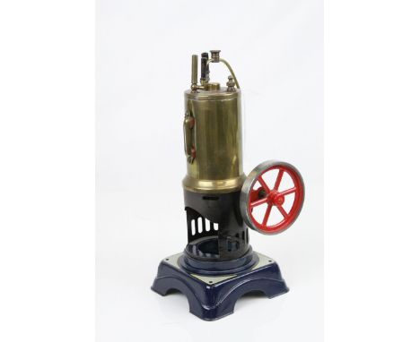 Bing (Germany) Vertical Single Cylinder Live Steam Engine with vertical boiler driving flywheel, vg with repainting to base