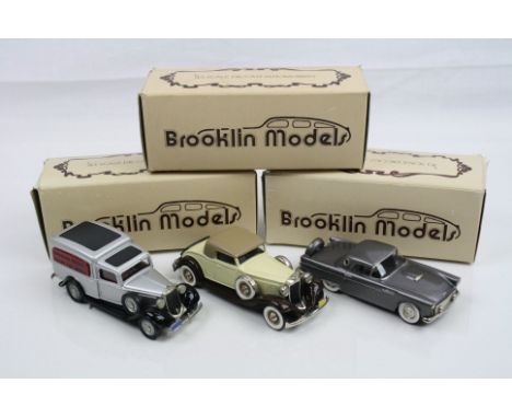 Three boxed 1/43 Brooklin Models metal models to include No 13 1955 Ford Thunderbird 1955 CTCI, No 6 1932 Packard Light 8 and