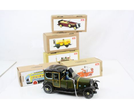 Five boxed Jaya reproduction tin plate models to include Fire Engine, Shell Tanker, bus, boat and car, all excellent, plus a 
