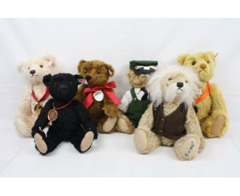 Six contemporary Steiff Teddy Bears to include 664694 Flying Scotsman, 690341 Goldblond, Titanic, 2019 Danbury Mint etc, cond