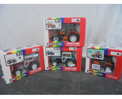 Four boxed Britains 1/32 tractor models to include 9501 Massey Ferguson MF 3680, 9494 Landini 10,000s, 9518 Renault TX 145-14