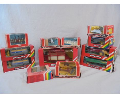 11 Boxed Britains farming models to include 9578 Loader Wagon, 9600 Post Hole Digger, 9537 Acrobat Rake, 2 x 9560 Vacuum Tank