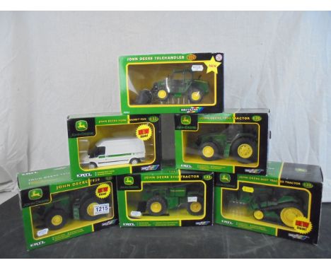 Six boxed Britains / Britains ERTL John Deere tractors and farming vehicles to include 7920, 8430T Tracked Tractor, 7930, 844