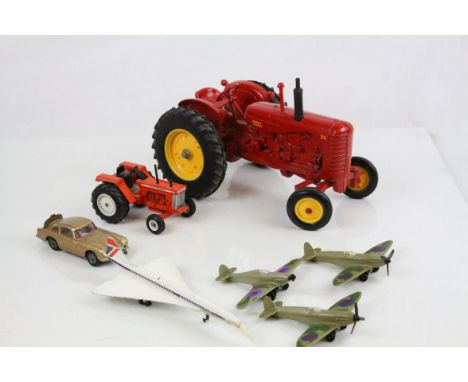 Seven vintage mildly play worn diecast models to include ERTL Massey Ferguson tractor, Corgi James Bond 007 Aston Martin DB5 