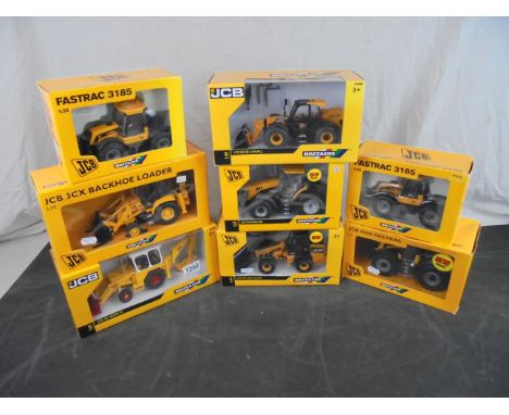 Eight boxed 1/32 Britains JCB diecast models to include 550-80 Loadall, TM 310S Loader, 3C Mark III, 3CX Backhole Loader, 2 x