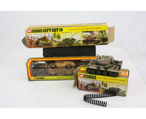 Three boxed Corgi military diecast models Gift Set 10 Tank Transporter (wheels loose) and Centurion mk II Tank, 909 Quad Trac
