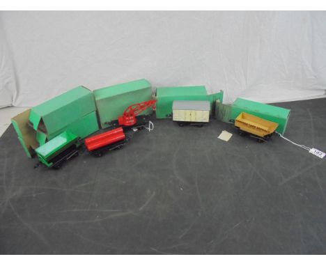 Five boxed Hornby O gauge items of rolling stock to include 42136 No 50 Crane Truck, 42221 No 50 Rotary Tipping Wagon Trinida
