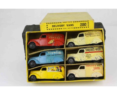Scarce boxed 280 Dinky Delivery Vans 6 van set, complete, features Viyella, Mackintosh Toffee, Bisto, Hartley's, Shredded Whe