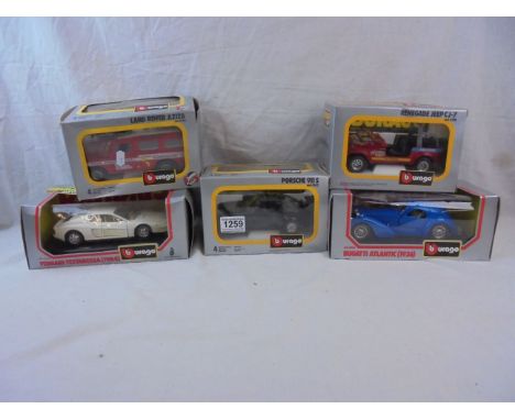 Five boxed Burago diecast models to include Renegade Jeep 0198, Land Rover Aziza 0161, Porsche 911S 0102, Bugatti Atlantic 05