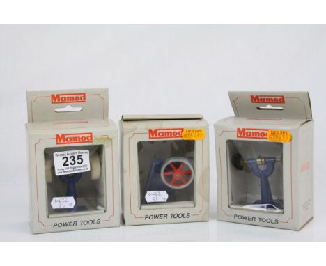 Three boxed Mamod Power Tools to include Grinderm Polisher and Power Hammer