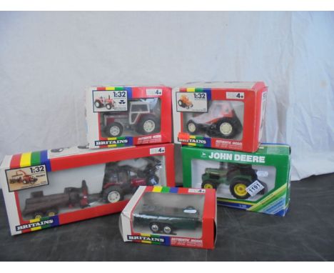 Five boxed farming models to include ERTL John Deere 5580 Tractor and 4 x Britains (9627 Valmet Logging Tractor and Trailer, 