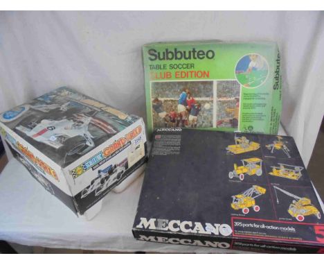Group of three boxed games to include Scalextric Grand Prix 8 (no cars), Subbuteo Club Edition &amp; Meccano 5, all appear in
