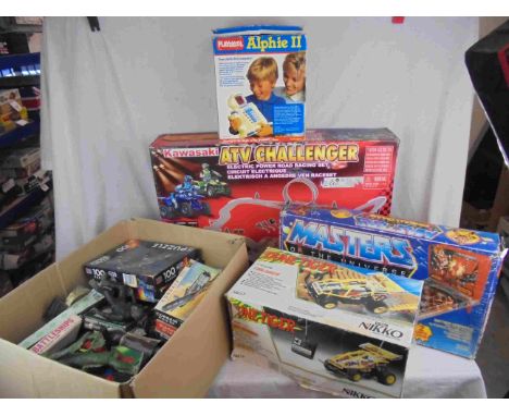 Large quantity of toys and games to include boxed Kikko r/c 16617 Dune Tiger, boxed Masters of the Universe Pinball game, box