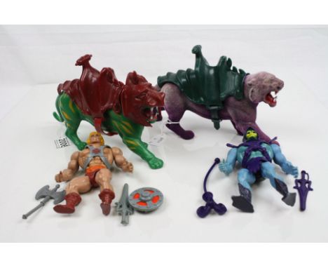 Original Mattel He Man Masters of the Universe He-Man &amp; Battlecat and Skeletor &amp; Panthor figures, with accessories, s
