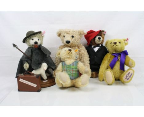 Five contemporary Steiff teddy bears, all excellent apart from Sheppard on wooden base has loose head