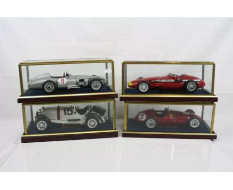 Four cased 1:18 scale diecast model vintage racing cars to include Mercedes, Maserati &amp; Ferrari, models fixed to wooden p