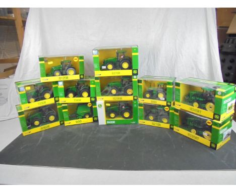 12 Boxed 1/32 Britain John Deere diecast tractor models to include 8345RT, 6210R, 7230R, 7310R, 8335RT, 8370R, 8360R, 6125R, 