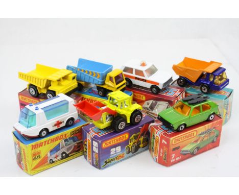Six boxed Matchbox Superfast diecast models to include 29 Tractor Shovel, 50 Articulated Truck, 23 Atlas, 58 Faun Dump Truck,