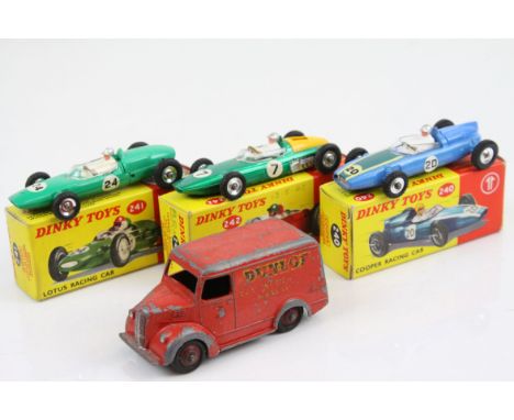 Three boxed Dinky diecast Racing Car models to include 240 Cooper Racing Car in blue, 241 Lotus Racing Car in green, and 242 