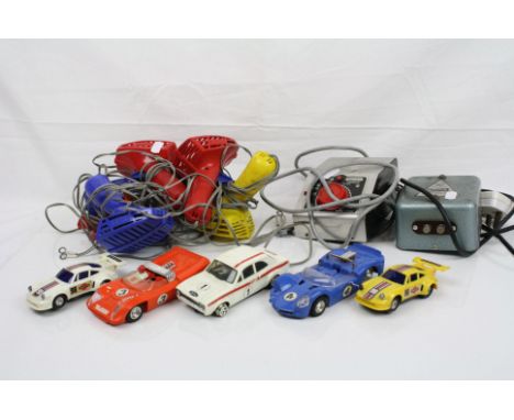 Group of vintage Scalextric to include 3 x slot cars, spares, repairs, controllers etc
