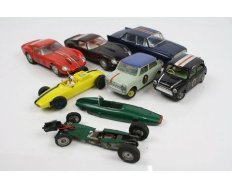 Seven vintage slot cars, various condition, include Airfix kit built