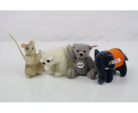 Four miniature Steiff animals, three with tags, one unmarked to include Elephant, mouse, teddy bear and polar bear 