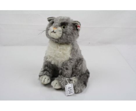 Steiff contemporary cat soft toy, cat sitting, 8" approx height, with button to ear, very good