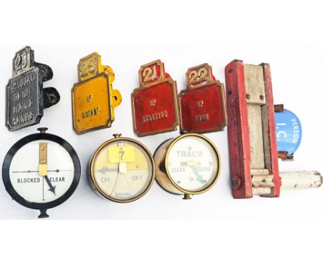 Signal Box Lever Plates, qty 4 together with qty 3 circular Indicators two of which are brass cased, one bakelite cased; enam