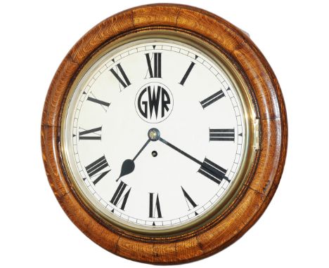 Great Western Railway 12 inch oak cased fusee dial clock supplied in the middle to late part of the 19th century. The wire dr