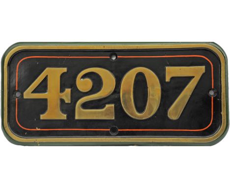 GWR brass Cabside Numberplate 4207. Ex GWR 2-8-0 locomotive built Swindon February 1912. Allocations include Duffryn Yard and