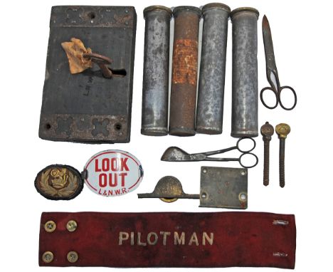 A collection of items recovered from Llangunllo comprising: Wooden Door Lock stamped L&NWR (very old); a Key marked 'Llangunl