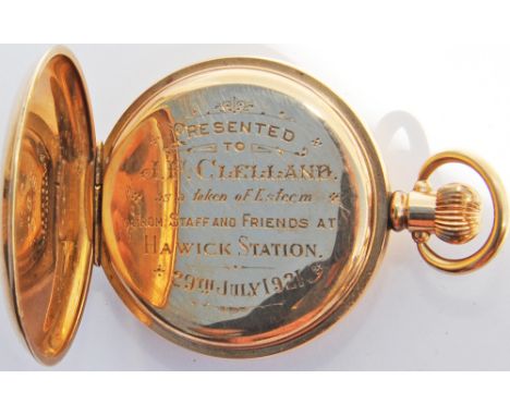 North British Railway gold plated half-hunter presentation Pocket Watch. The quality Record Swiss 15 jewel engine turned move