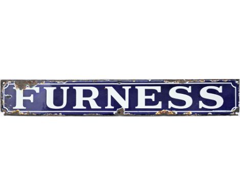 Furness Railway enamel Poster Board Heading, white on blue with scalloped border. 26.5 inches x 4 inches made by Chromo Wolve