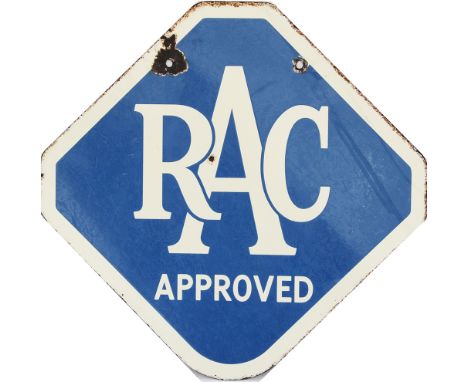 Enamel double sided Motoring sign 18 inch x 18 inch RAC APPROVED, in good condition with a few chips, makers name Bruton Palm