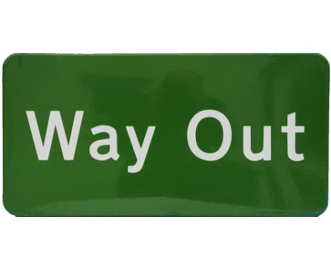 BR(S) enamel Sign WAY OUT, fully flanged measuring 24 inches by 12 inches light green. This is the rare lower case lettering 